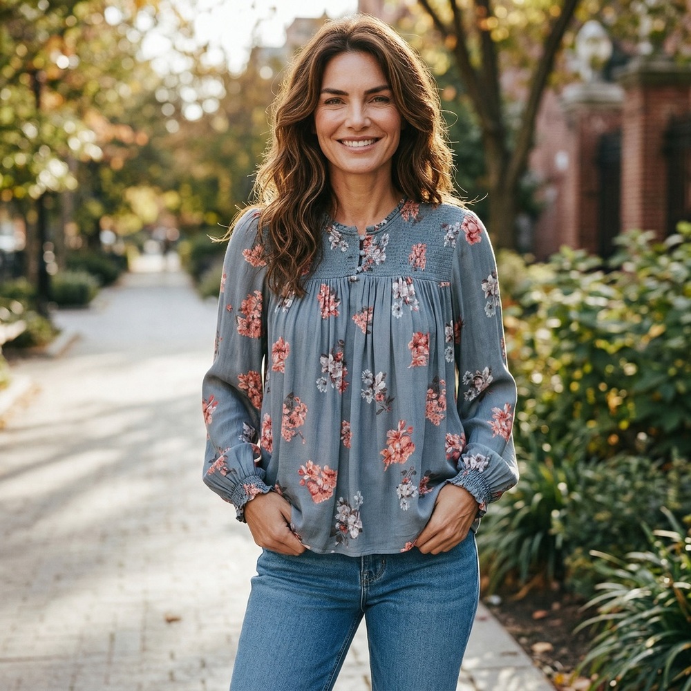 Lucky Brand Blouse Women Floral Blue Long Sleeve Size L